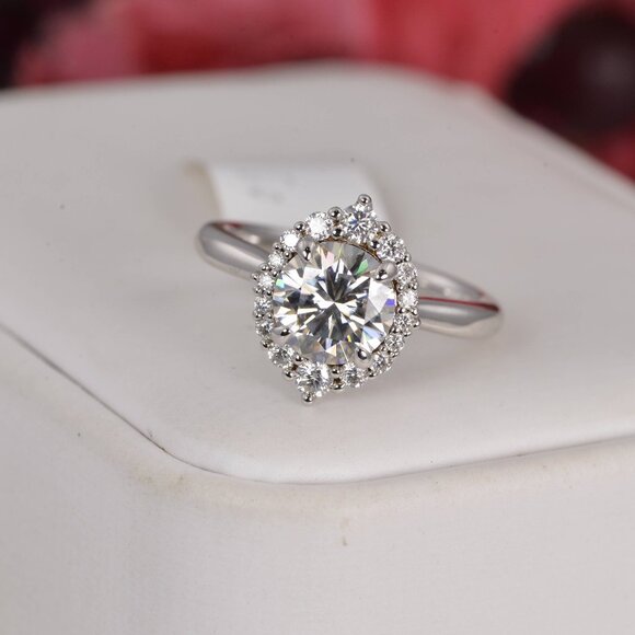 2ct Halo Certified Moissanite Round Cut Engagement Ring - Picture 2 of 5